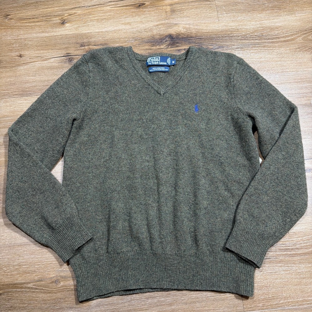 Polo Ralph Lauren Men's MEDIUM Sweater‎ Green V-Neck Pullover Knit Lambswool